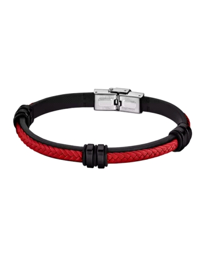Pulsera de piel bicolor negra y roja con cierre de acero.
