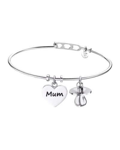 Pulsera de acero para mama diseñada con un corazón y un chupete.