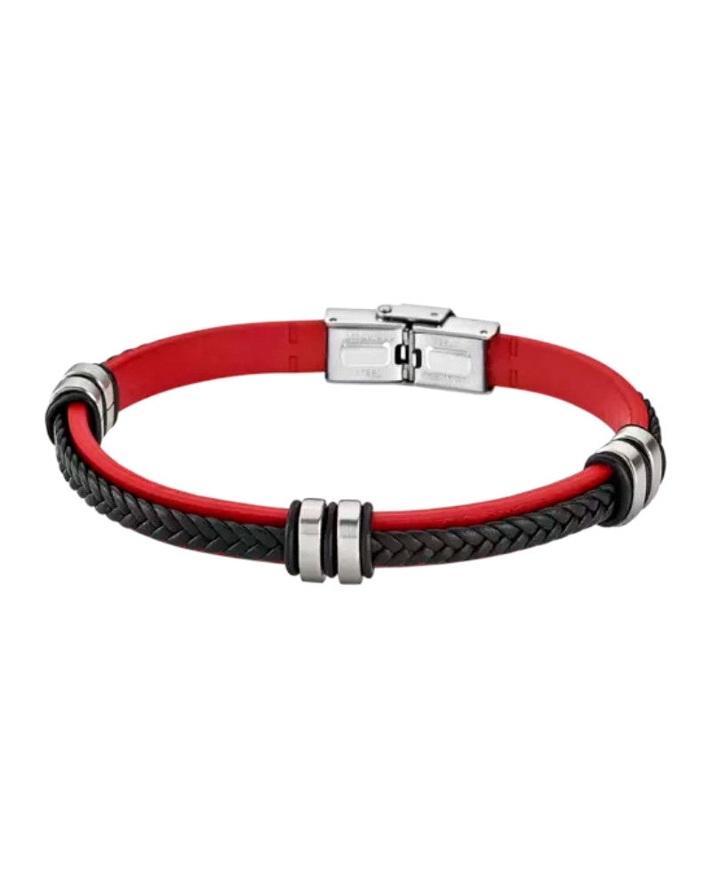 Pulsera para hombre de piel y acero bicolor negro y rojo.