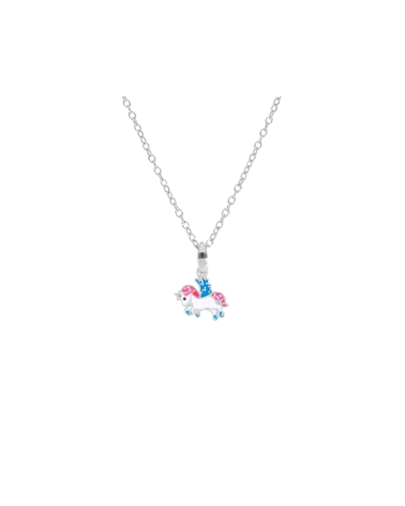 Collar de plata de ley unicornio con esmalte rosa y turquesa y detalles con purpurina.