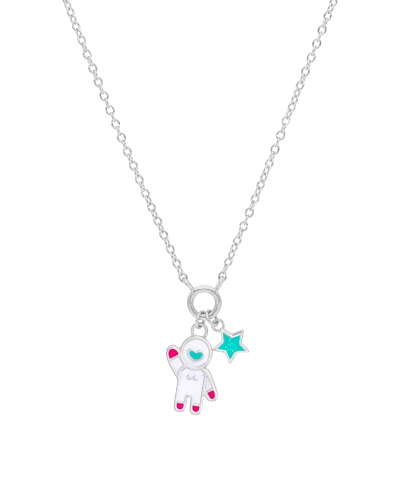 Collar de plata de ley con astronauta y estrella esmaltado en blanco fucsia y turquesa con detalles en purpurina