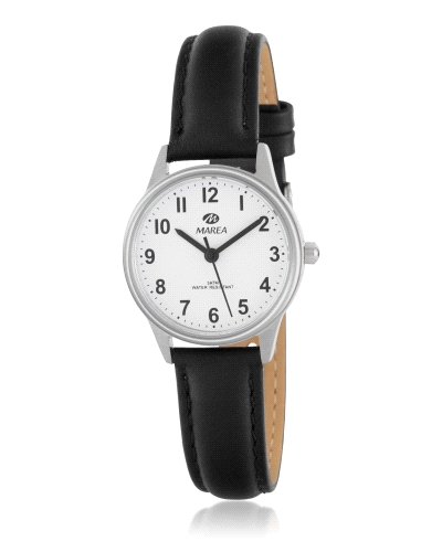 Reloj para mujer con correa de piel negra y caja de acero con esfera en blanco