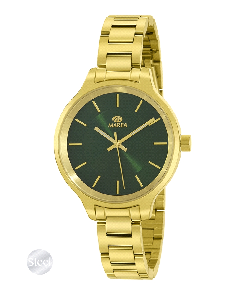 Reloj de mujer de acero con caja y correa de acero dorado y esfera color verde oscuro con índices en color dorado