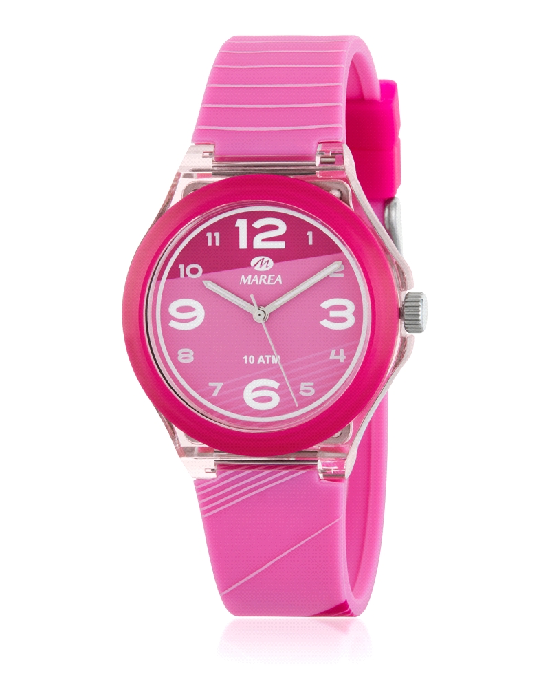 Reloj para mujer analógico con caja de plástico colo rosa transparente con bisel color fucsia y esfera rosa claro y fucsia
Core