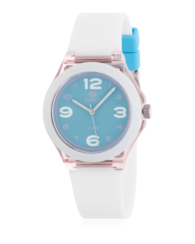 Reloj analógico con caja de plástico rosa transparente con bisel color blanco y correa de silicona blanca y azul claro.