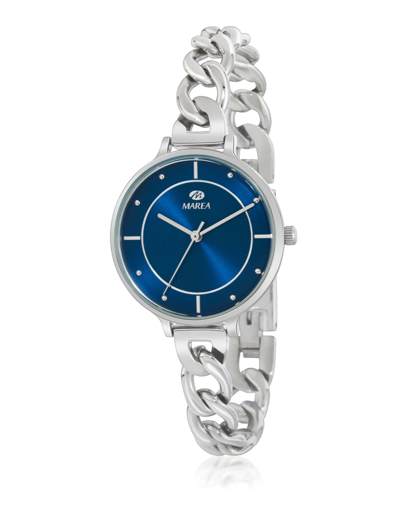 Reloj de mujer esfera azul oscuro con tres alfileres y cristal mineral. Caja de metal de 32 mm con cadena de acero inoxidable co