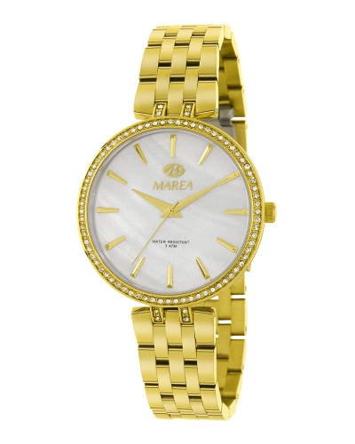 Reloj para mujer dorado con caja de acero dorada con piedras en bisel y correa de acero dorado. Esfera blanca anacarada con índi