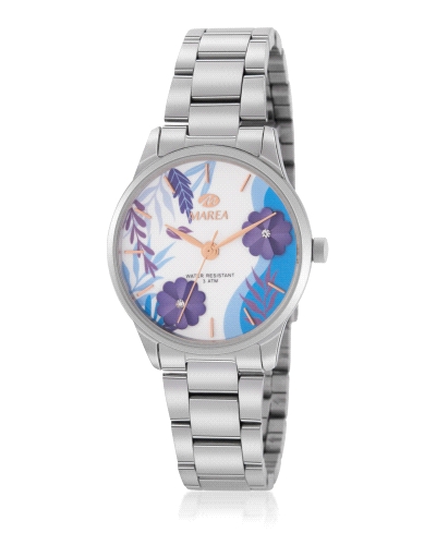 Reloj para mujer con caja y correa de acero. La esfera blanca con motivos florales en relieve en colores lilas y azules y agujas