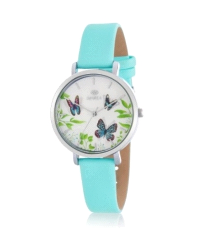 Reloj de mujer analogico con caja de acero compuesto por una esfera blanca con detalles de mariposas de colores y correa de piel