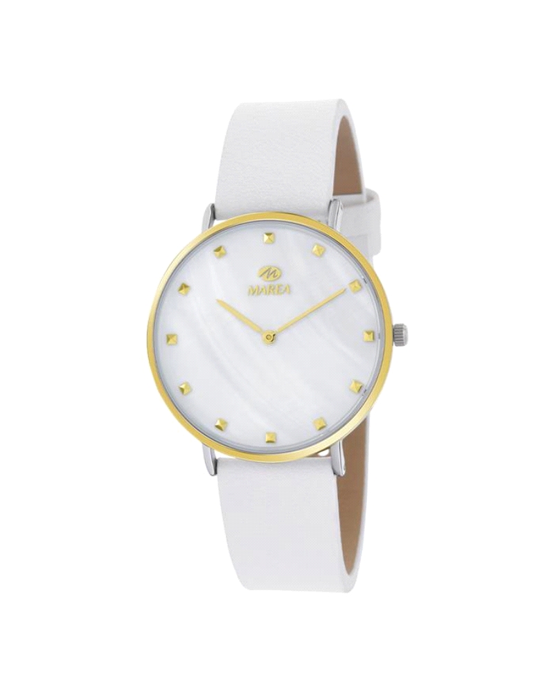 Reloj  para mujer fabricado en piel color blanco y acero inoxidable dorado. Con caja dorada de 38mm de diámetro con esfera nacar