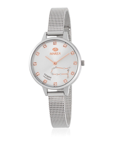 Reloj analógico de la marca Marea con correa de acero inoxidable y esfera color plateado con detalles y motivo de constelación G