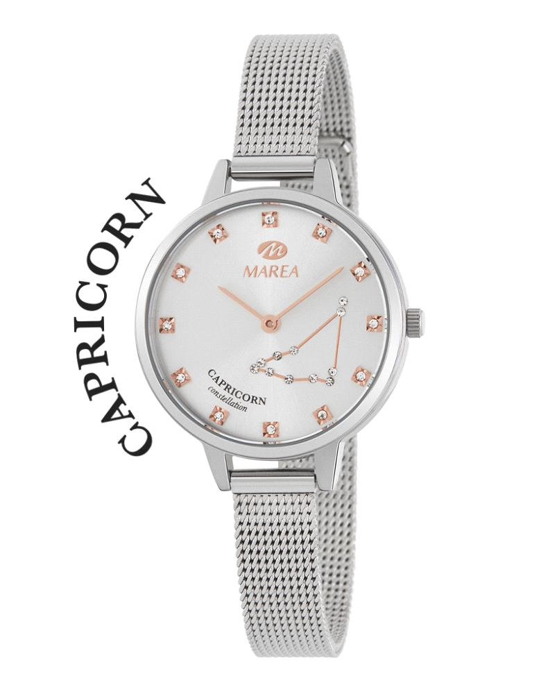 Reloj analógico de la marca Marea con correa de acero inoxidable y esfera color plateado con detalles y motivo de constelación C