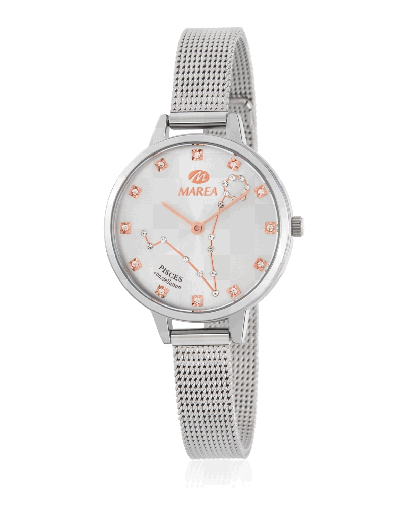 Reloj analógico de la marca Marea con correa de acero inoxidable y esfera color plateado con detalles y motivo de constelación P