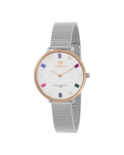 Reloj Marea para mujer fabricado en acero inoxidable plateado y rosado. Se trata de un reloj lleno de originalidad y colorido co