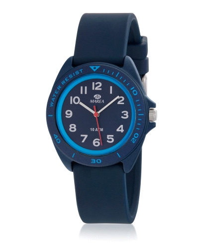 Reloj infantil sport azul con caja y correa de caucho azul. Esfera azul con segundero en color rojo. Bisel azul con marcas de co
