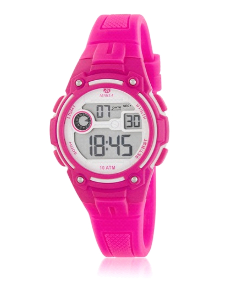 Reloj digital infantil spor rosado con caja y correa rosa y detalles en blanco