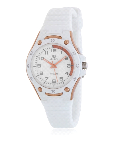 Reloj infantil sport blanco caja de plástico rosada  y correa de silicona blanca. Esfera blanca con detalle y agujas color rosad