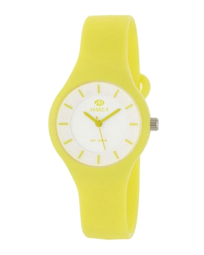 Reloj de mujer con caja y correa de caucho amarillo y esfera blanca