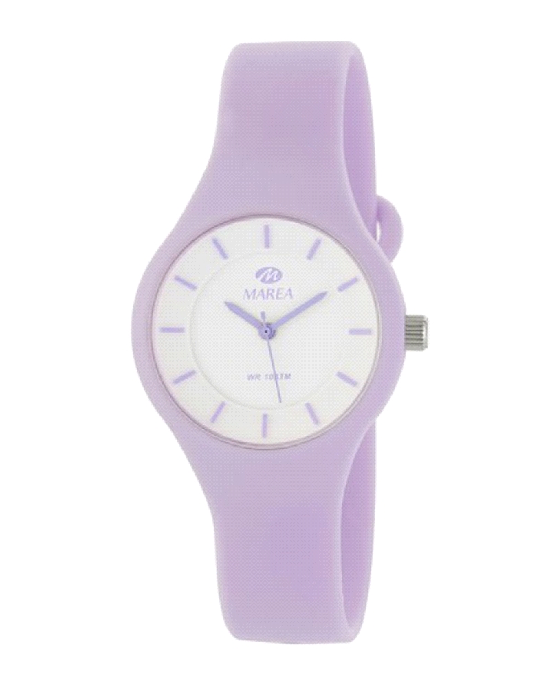 Reloj de mujer con caja y correa de caucho morado y esfera blanca