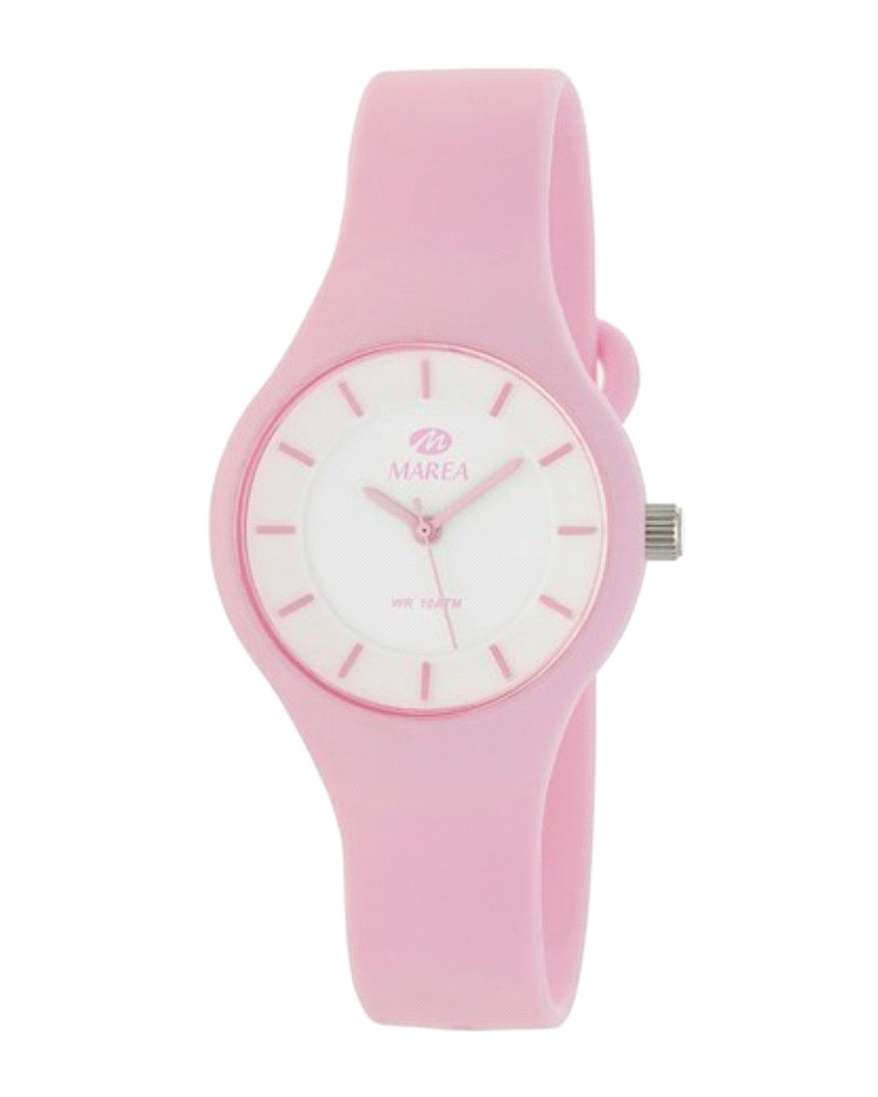 Reloj de mujer con caja y correa de caucho rosa y esfera blanca