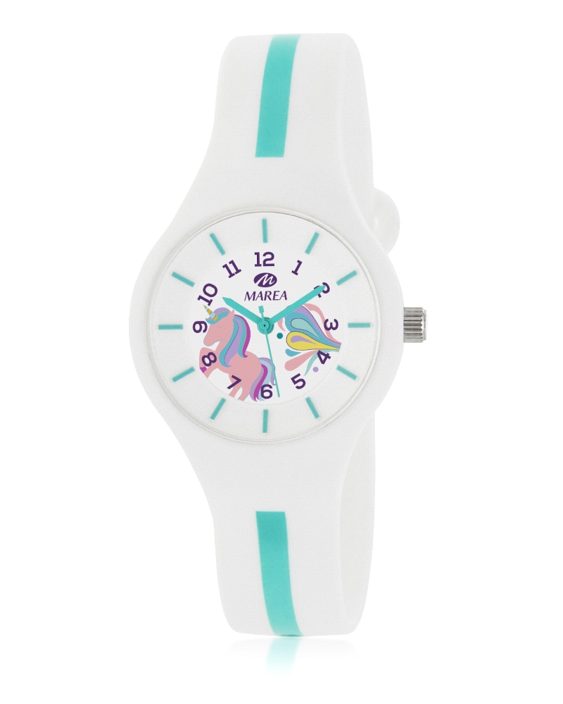 Reloj de niña fabricado en plástico, correa de silicona blanca, cristal mineral