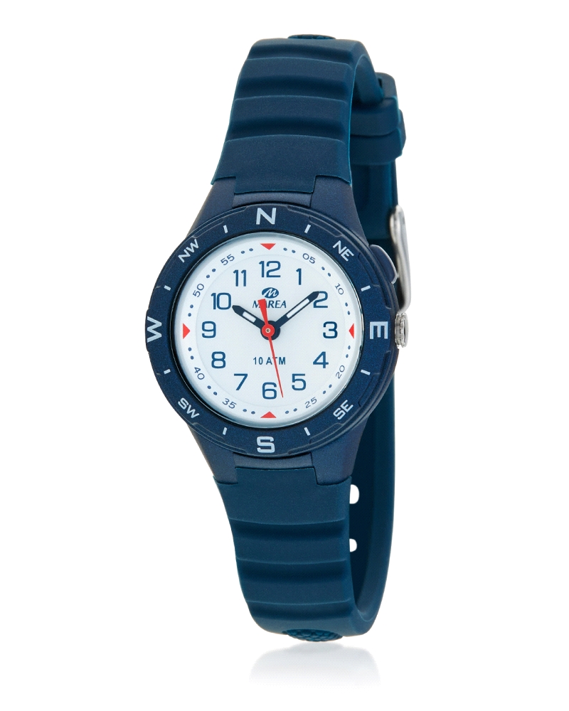 Reloj infantil sport azul con caja de caucho azul y correa de silicona azul con esfera blanca