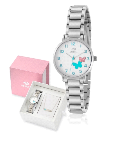 Reloj para niña con caja en metal antialergico color plata y esfera blanca con motivo de mariposas en su interor