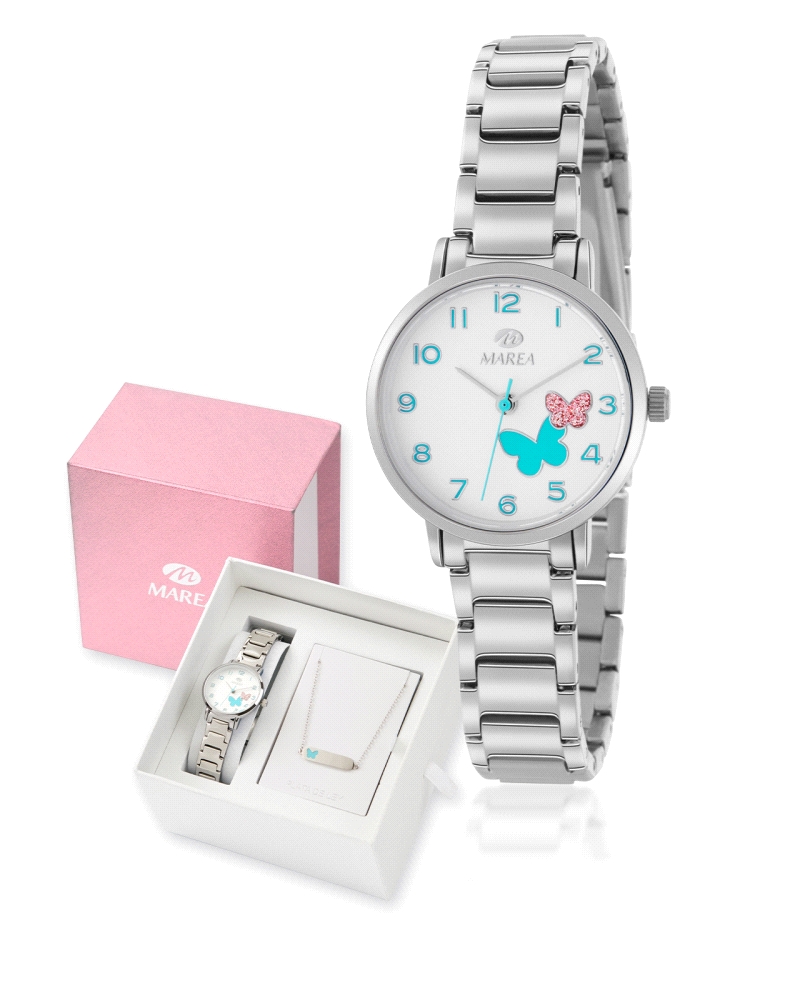 Reloj para niña con caja en metal antialergico color plata y esfera blanca con motivo de mariposas en su interor