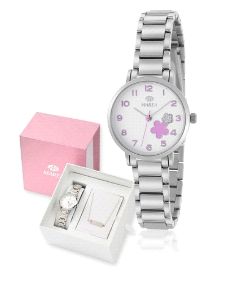 Reloj para niña con caja en metal antialergico color plata y esfera blanca con motivo de flores en su interor