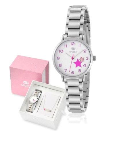 Reloj para niña con caja en metal antialergico color plata y esfera blanca con motivo de estrellitas en su interor