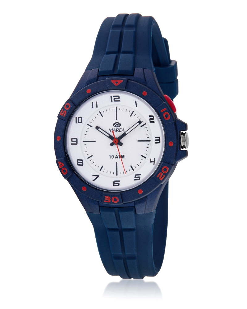 Reloj infantil sport azul con caja y correa en azul oscuro y esfera blanca con segundero rojo