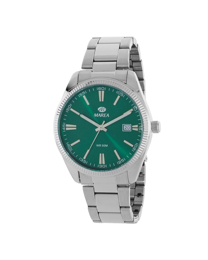 Reloj para hombre fabricado en acero inoxidable plateado y verde. Compuesto por caja plateada y esfera es verde con indicadores 