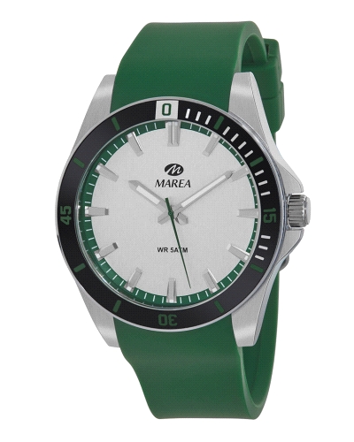 Reloj para hombre fabricado en acero inoxidable negro y plateado y silicona verde. Compuesto por caja en color negro con detalle