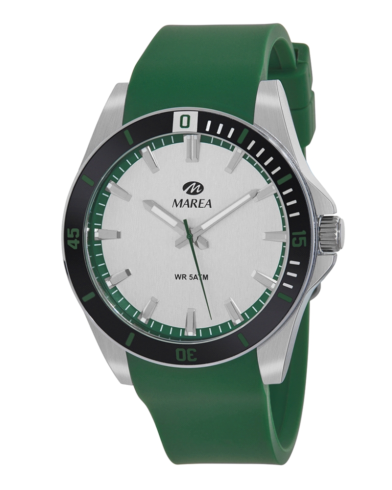 Reloj para hombre fabricado en acero inoxidable negro y plateado y silicona verde. Compuesto por caja en color negro con detalle