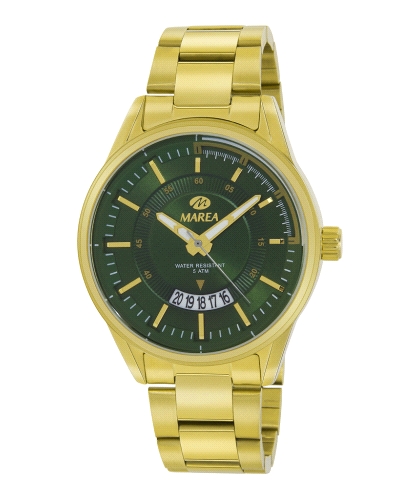 Reloj de caballero fabricado en acero dorado con una esfera de color verde con calendario a las 6.