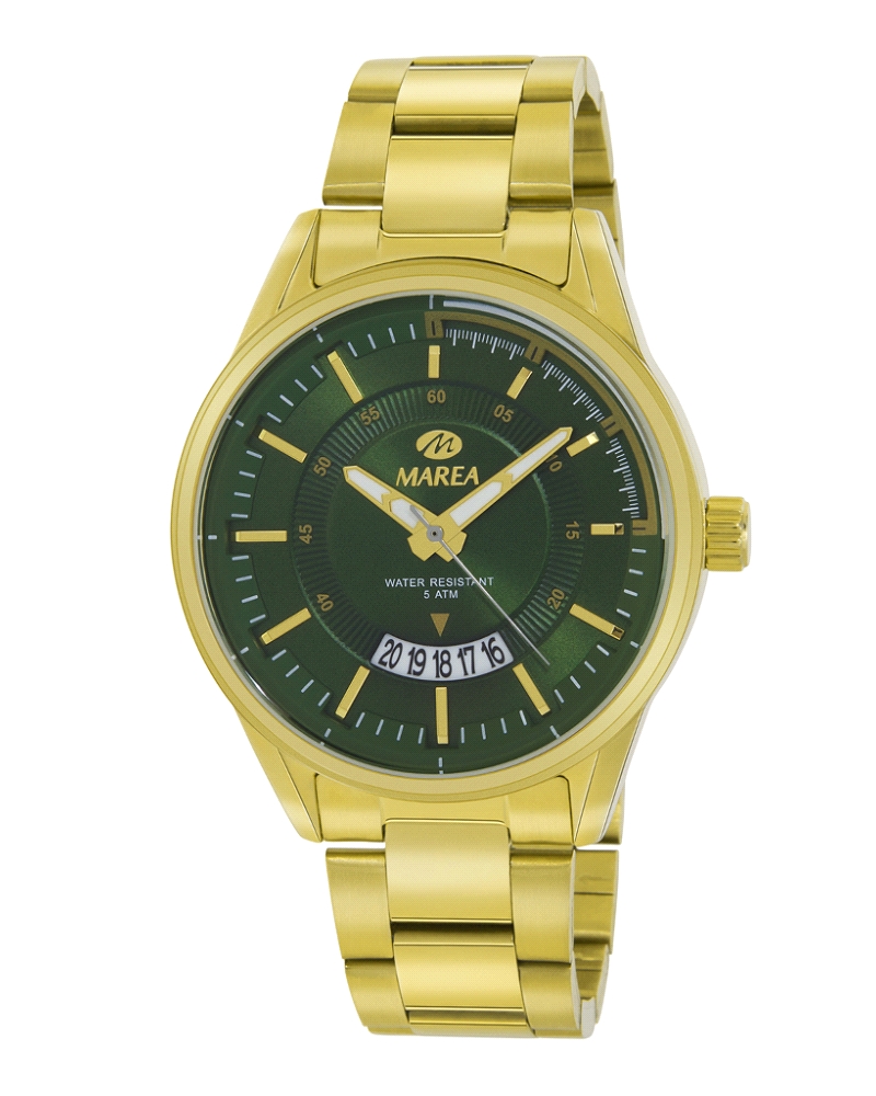 Reloj de caballero fabricado en acero dorado con una esfera de color verde con calendario a las 6.