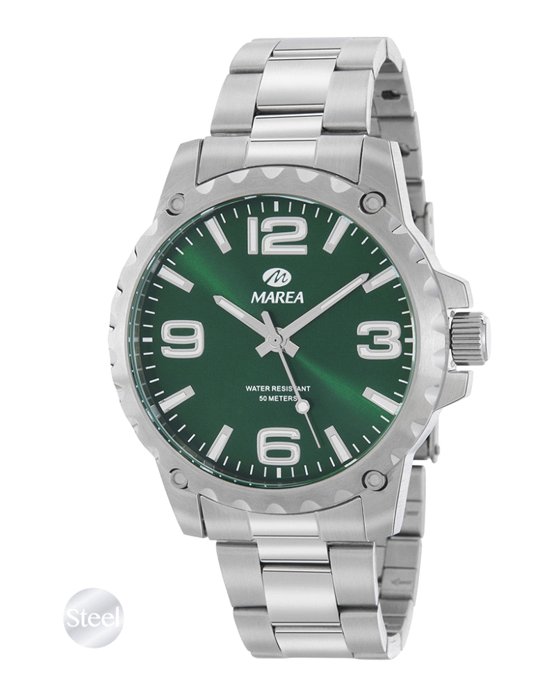 Reloj analógico de hombre de acero plateado con esfera en verde e índices blancos.