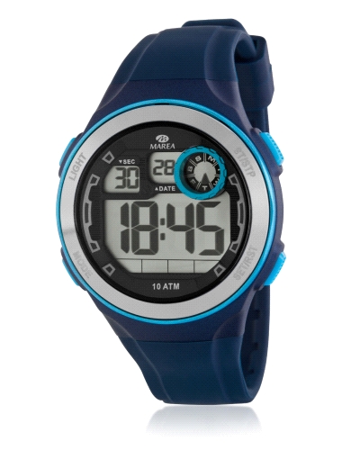 Reloj de hombre analógico sport azul con caja de plástico color azul oscuro con bisel plateado y detalles en azul claro .