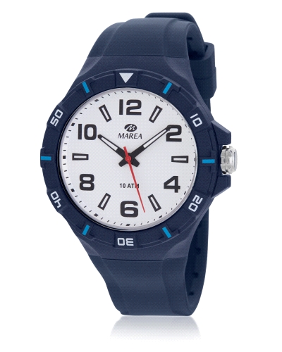 Reloj de hombre sport con caja de plastico azul y correa de silicona azul con esfera en blanco y sus índices en negro