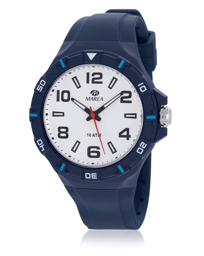 Reloj de hombre sport con caja de plastico azul y correa de silicona azul con esfera en blanco y sus índices en negro