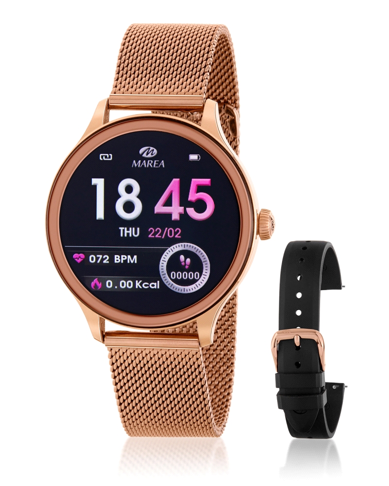 Reloj smart para mujer en acero rose + correa de color negro