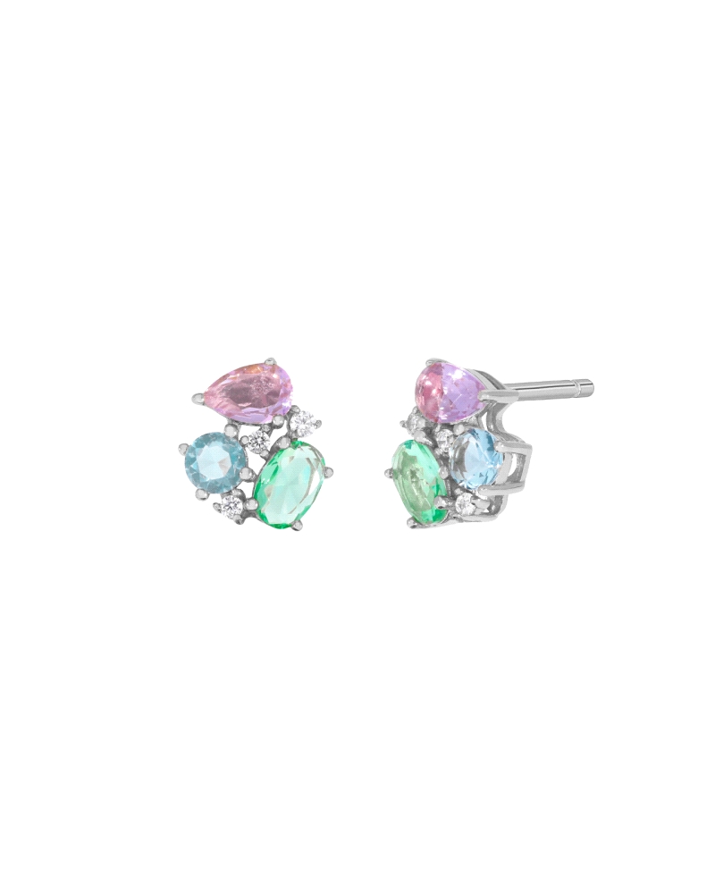 Pendientes de plata de ley con circonitas azul, verde y lavanda.