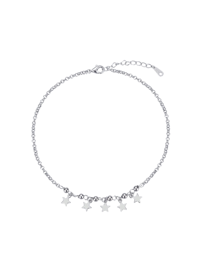 La tobillera de plata rodiada con estrellas colgando es una pieza delicada y encantadora que evoca un sentido celestial. Fabrica