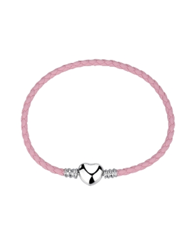 La pulsera trenzada rosa con un cierre en forma de corazón, diseñada para agregarle charms, es una opción encantadora y versátil