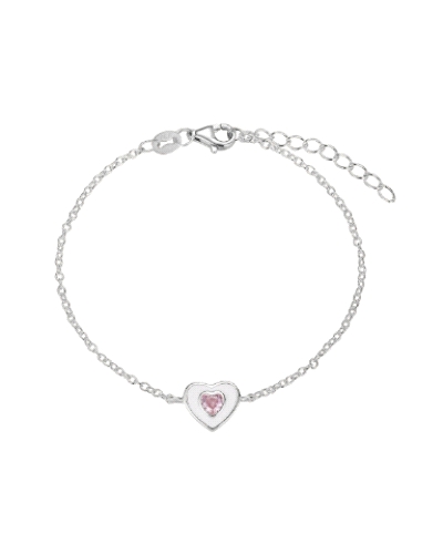La pulsera de plata rodiada con un corazón esmaltado y una piedra rosa es una elección delicada y encantadora. El corazón esmalt