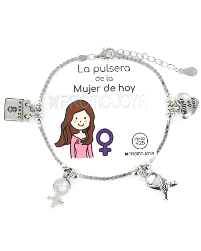 La pulsera "mujer de hoy" de plata con charms relacionados es un regalo elegante y simbólico para la mujer moderna. Hecha de pla