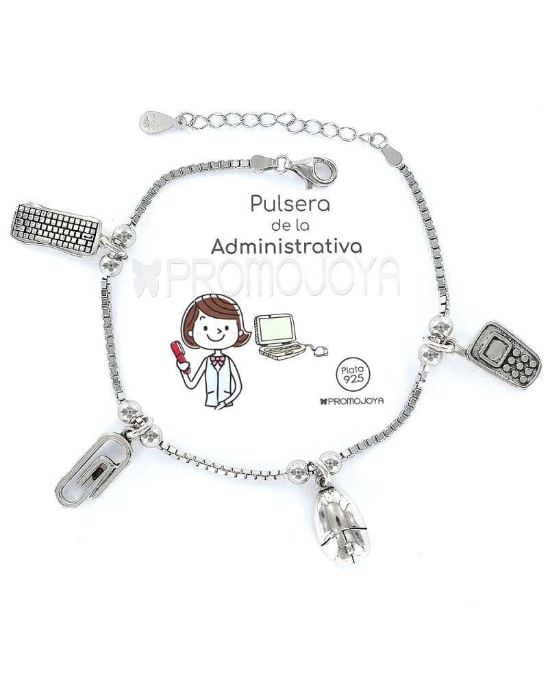 Una pulsera de administrativa en plata con cadena veneciana y charm relacionados es un regalo simbólico y personalizado para alg