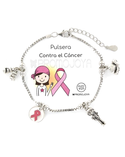 La pulsera de plata contra el cáncer con cadena veneciana y charms relacionados es un símbolo de apoyo y solidaridad con quienes