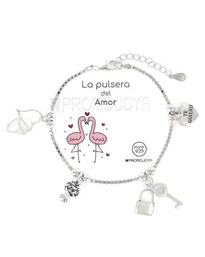 La pulsera de plata con cadena veneciana y charms relacionados con el amor es una expresión encantadora de afecto y romanticismo