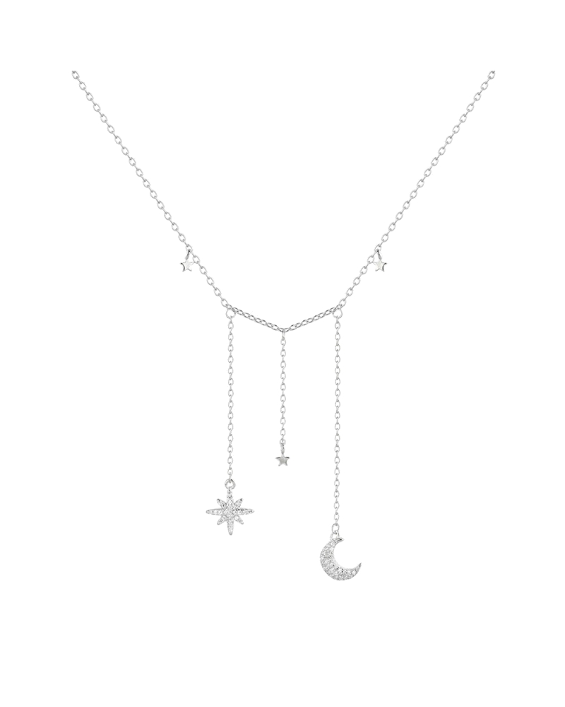 Esta gargantilla de plata rodiada es una verdadera obra de arte celestial, con cadenas que cuelgan en forma de luna y estrella, 